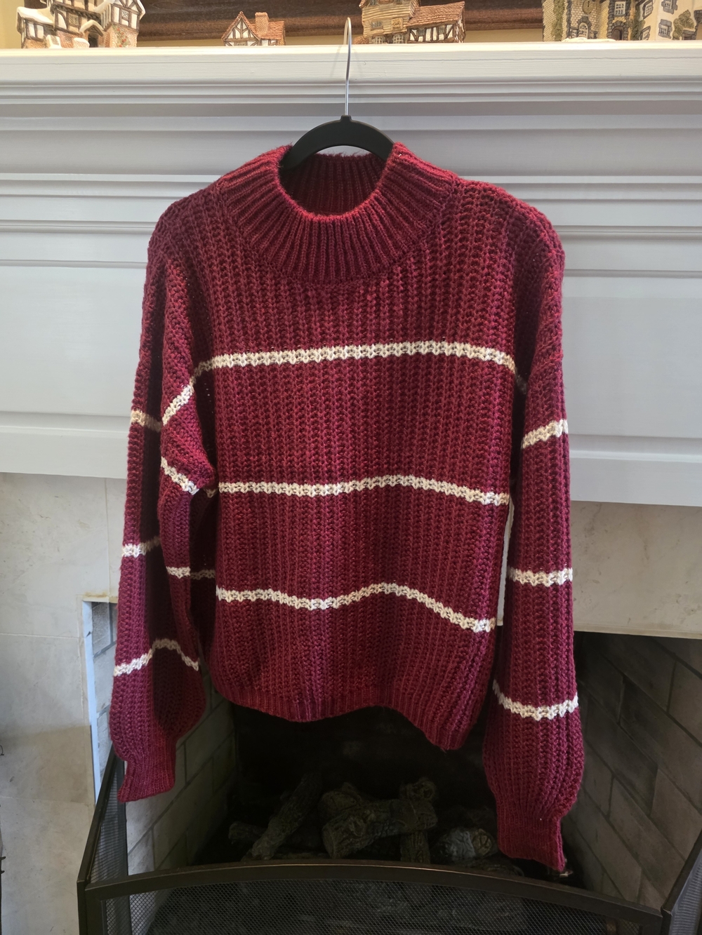 Zenana Outfitters Maroon Crewneck Sweater with Cream Stripes